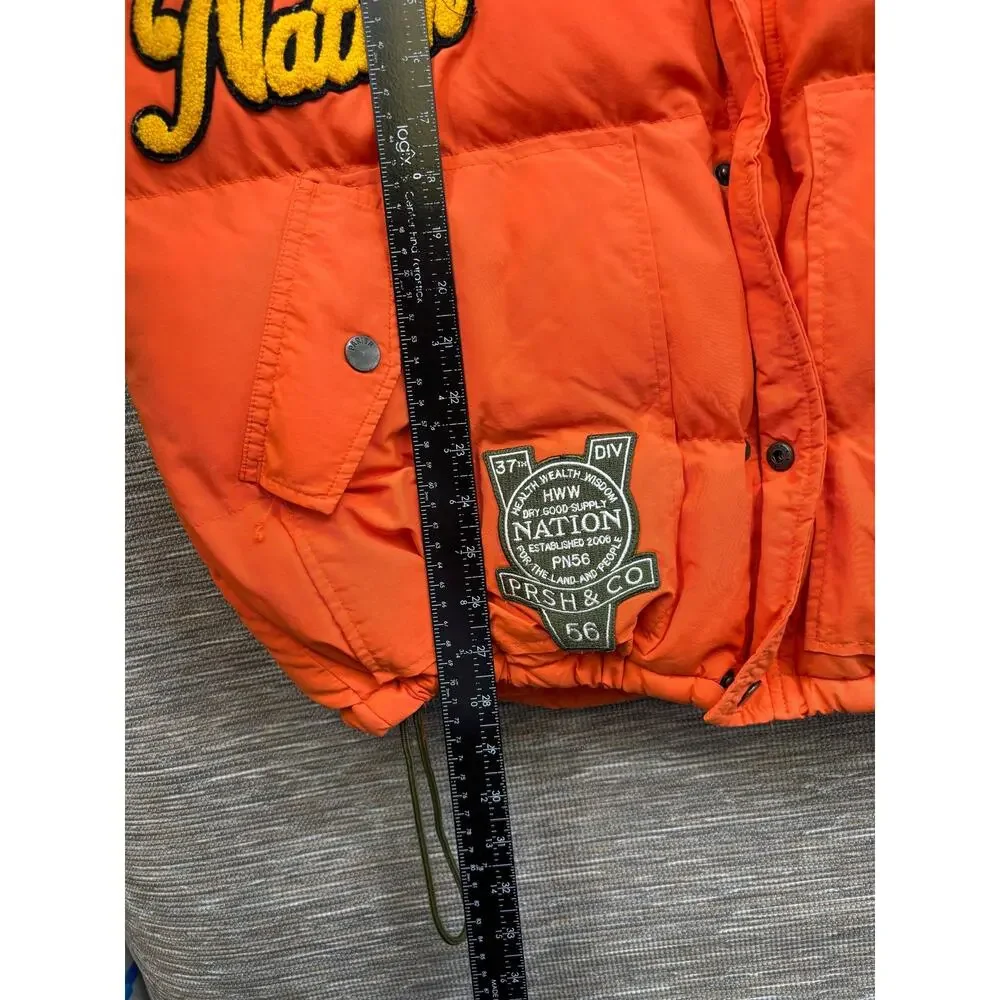 Parish Vest Mens 2XL Orange Green Puffer Sherpa Collar Embroidered Patches Logo